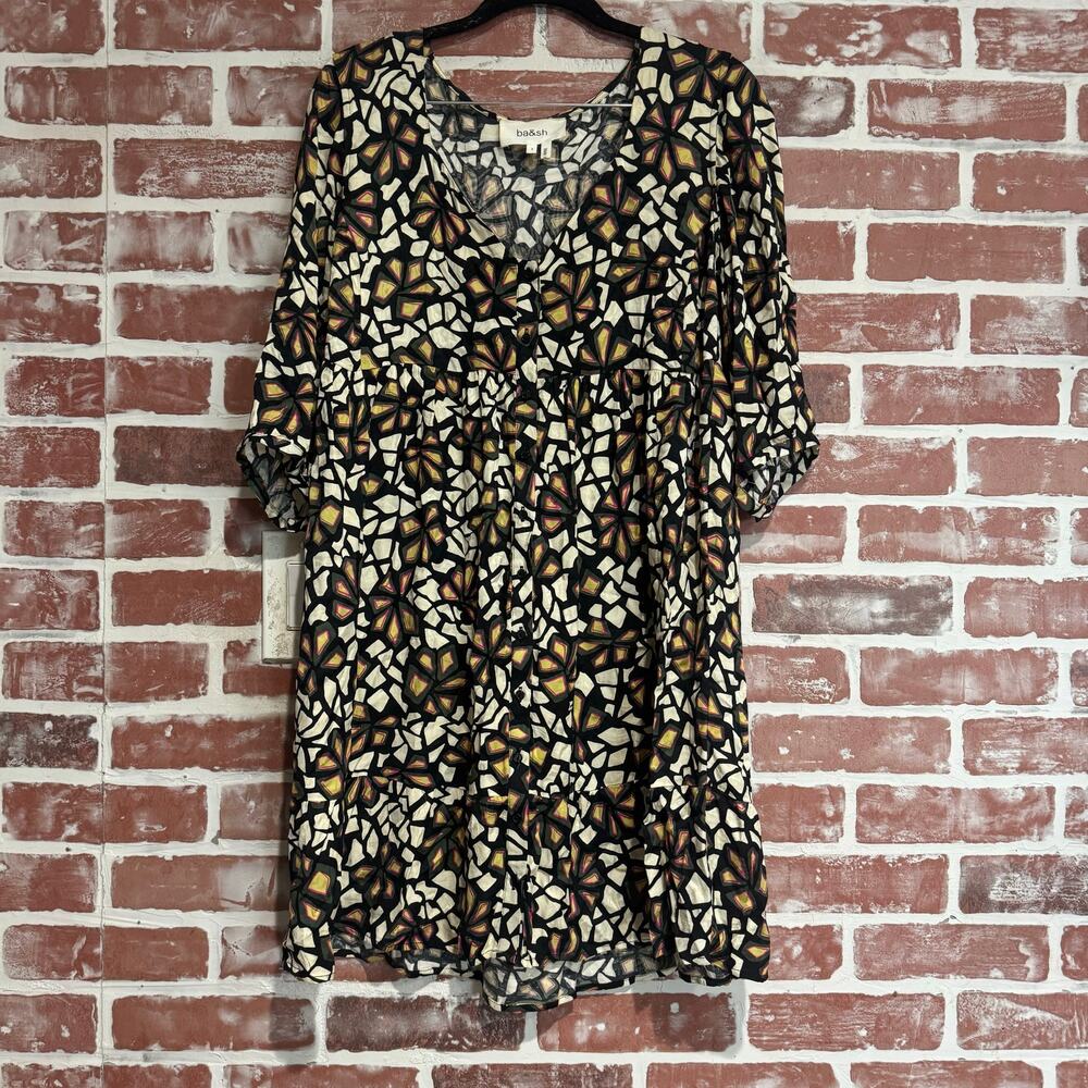 ba&sh May Button Front Floral Print Mini Dress Black 3/4 Sleeve V Neck Size S